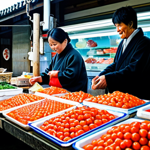 Home 4 Ishikawa Market Scene**
"A bustling local market in Ishikawa Prefecture, Japan. Stalls overflowing with fresh fish, vibrant umeboshi plums in jars, and other regional delicacies. Vendors in traditional clothing interacting with customers. Bright, natural lighting. Safe for work, appropriate content, fully clothed, professional photography, perfect anatomy, natural proportions, modest attire, family-friendly."
**