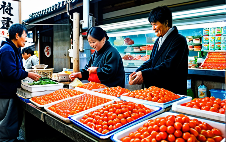 Ishikawa Market Scene**

"A bustling local market in Ishikawa Prefecture, Japan. Stalls overflowing with fresh fish, vibrant umeboshi plums in jars, and other regional delicacies. Vendors in traditional clothing interacting with customers. Bright, natural lighting. Safe for work, appropriate content, fully clothed, professional photography, perfect anatomy, natural proportions, modest attire, family-friendly."

**