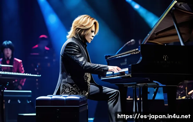 일본 음악 아티스트 요시키 - A dramatic stage scene featuring a charismatic male musician inspired by Yoshiki, blending rock and ...