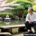 Home 20 일본어 관용구와 속담 - A serene Japanese garden scene illustrating patience and perseverance: a middle-aged Japanese man in...