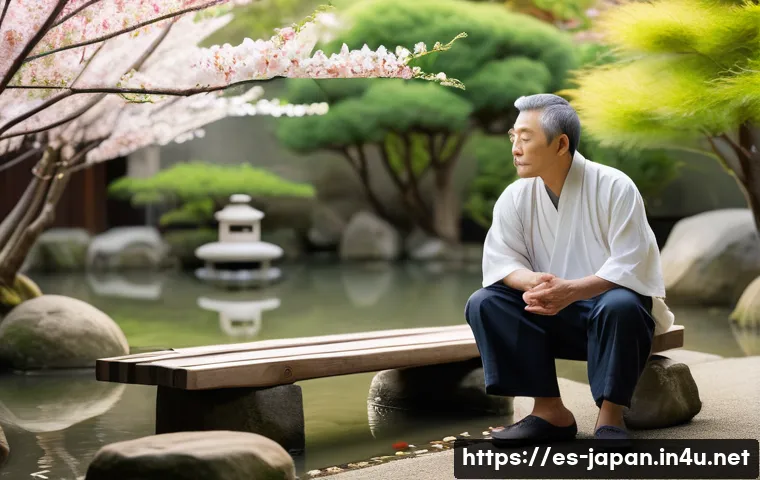 일본어 관용구와 속담 - A serene Japanese garden scene illustrating patience and perseverance: a middle-aged Japanese man in...