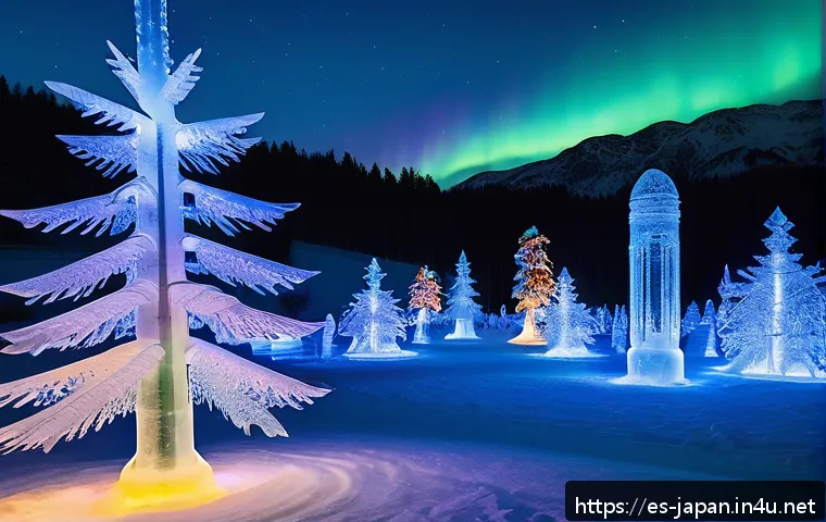 일본 겨울 축제 삿포로 눈 축제 - A stunning winter festival scene featuring intricate ice sculptures illuminated by dynamic, colorful...