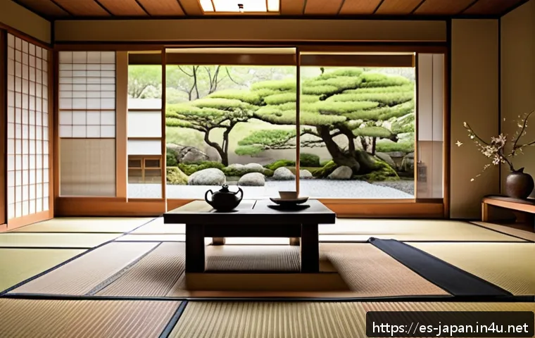 일본 내 독특한 풍습 - A serene Japanese interior scene featuring a minimalist living room with natural wood and paper slid...