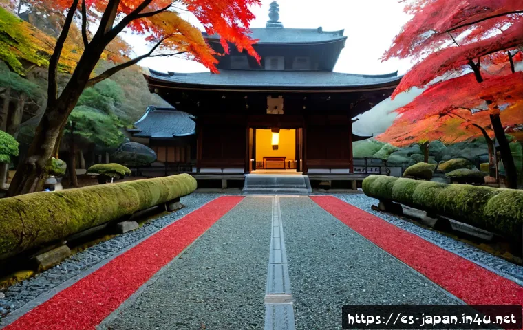 일본 교토의 사찰 여행 - Photorealistic early morning view of a serene Kyoto Buddhist temple, elegant wooden hall framed by v...